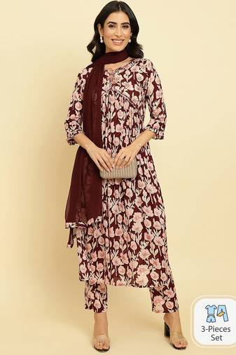 Floral Printed Pure Cotton Kurta With Trousers & Dupatta