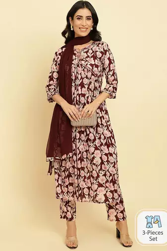 Floral Printed Pure Cotton Kurta With Trousers & Dupatta