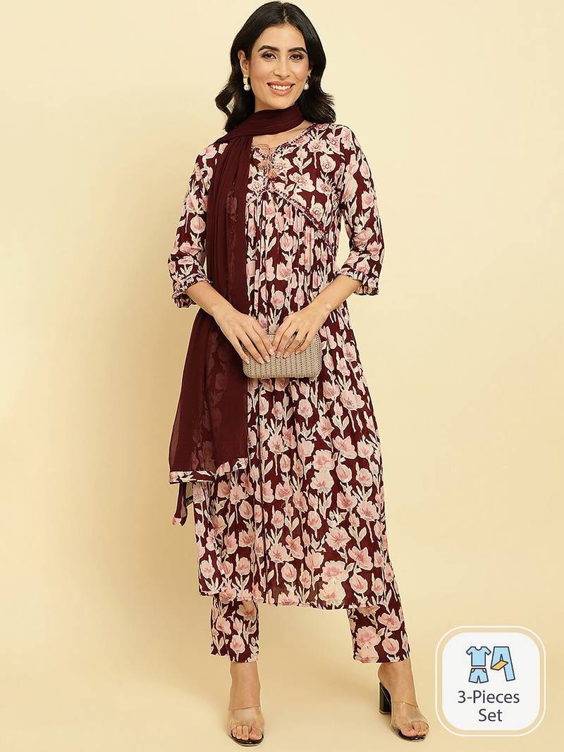 Floral Printed Pure Cotton Kurta With Trousers & Dupatta