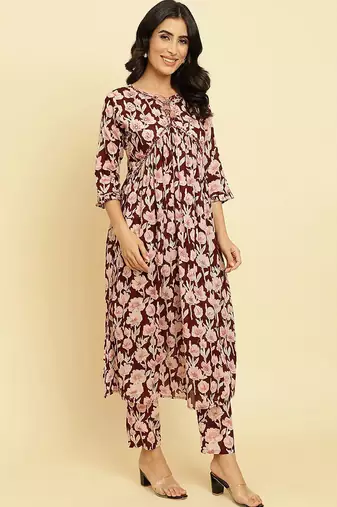 Floral Printed Pure Cotton Kurta With Trousers & Dupatta