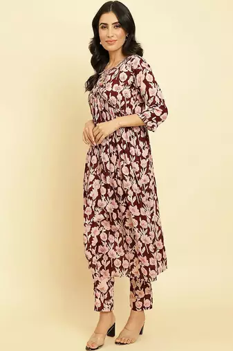 Floral Printed Pure Cotton Kurta With Trousers & Dupatta