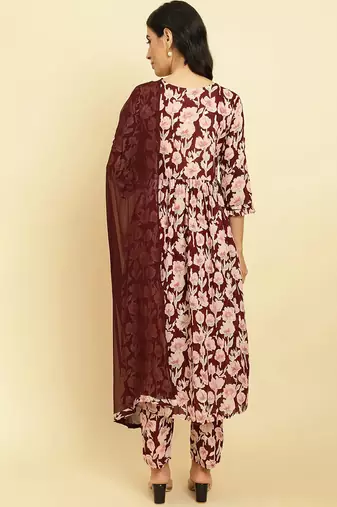 Floral Printed Pure Cotton Kurta With Trousers & Dupatta