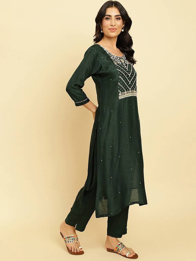 Floral Embroidered Beads & Stones Kurta With Trousers & Dupatta