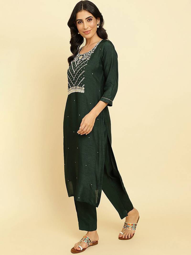 Floral Embroidered Beads & Stones Kurta With Trousers & Dupatta