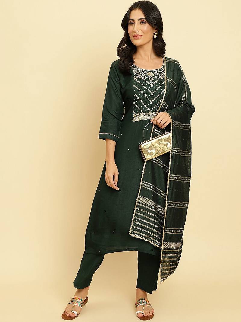 Floral Embroidered Beads & Stones Kurta With Trousers & Dupatta