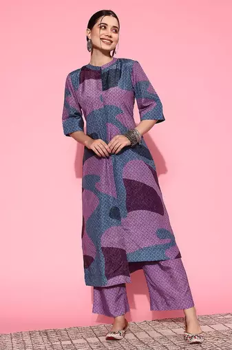 Abstract Printed Mandarin Collar Kurta with Palazzos