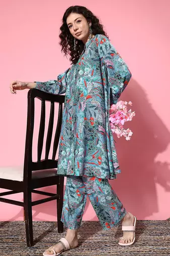 Women Abstract Printed Regular A-Line Kurta with Trousers