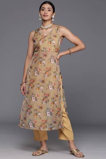 Floral Printed High Slit Fusion Kurta with Trousers
