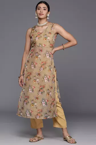 Floral Printed High Slit Fusion Kurta with Trousers