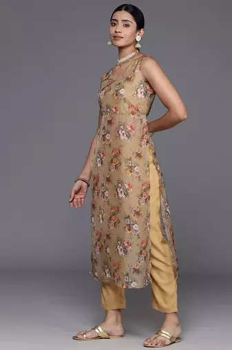 Floral Printed High Slit Fusion Kurta with Trousers