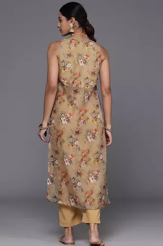 Floral Printed High Slit Fusion Kurta with Trousers