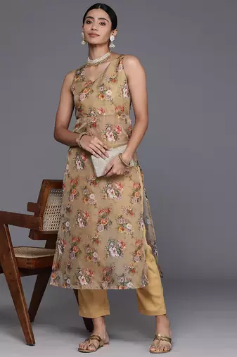 Floral Printed High Slit Fusion Kurta with Trousers