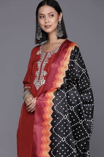 Women Rust Yoke Design Zari Kurta with Trousers & Dupatta