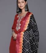 Women Rust Yoke Design Zari Kurta with Trousers & Dupatta