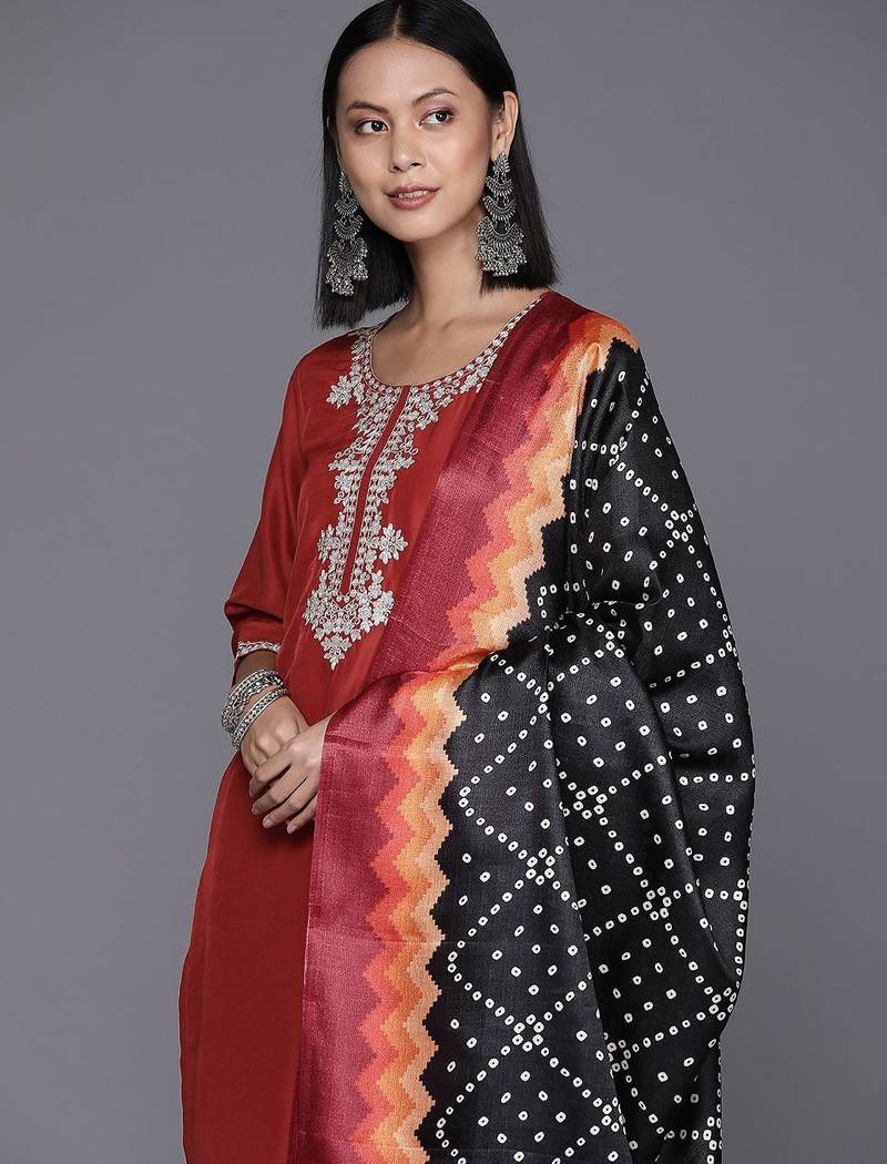 Women Rust Yoke Design Zari Kurta with Trousers & Dupatta