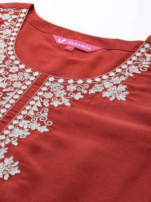Women Rust Yoke Design Zari Kurta with Trousers & Dupatta 2
