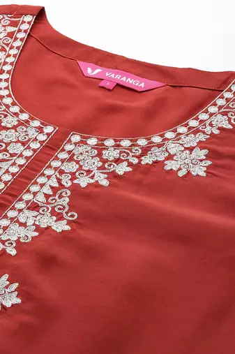 Women Rust Yoke Design Zari Kurta with Trousers & Dupatta