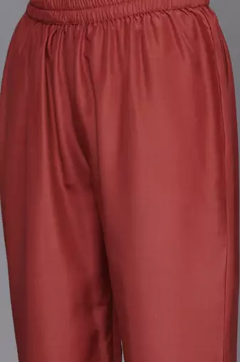 Women Rust Yoke Design Zari Kurta with Trousers & Dupatta