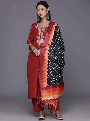 Women Rust Yoke Design Zari Kurta with Trousers & Dupatta 5