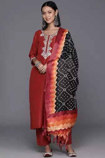 Women Rust Yoke Design Zari Kurta with Trousers & Dupatta