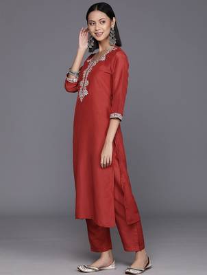Women Rust Yoke Design Zari Kurta with Trousers & Dupatta 6