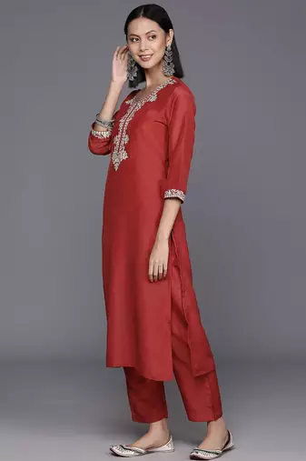 Women Rust Yoke Design Zari Kurta with Trousers & Dupatta