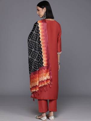 Women Rust Yoke Design Zari Kurta with Trousers & Dupatta 7