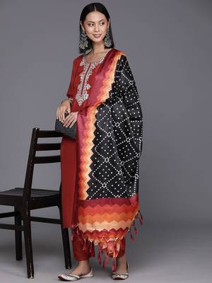 Women Rust Yoke Design Zari Kurta with Trousers & Dupatta 8