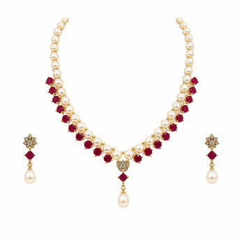 Pearl & ruby stone necklace & earrings jewellery set gold-tone setting, drop pendant, bridal wear, includes earrings 3