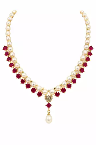 Pearl & ruby stone necklace & earrings jewellery set gold-tone setting, drop pendant, bridal wear, includes earrings