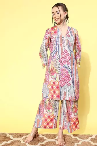 Women Printed Angrakha Kurta with Palazzos