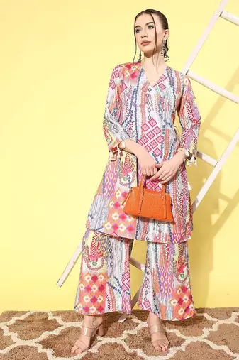 Women Printed Angrakha Kurta with Palazzos