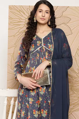 Women Floral Printed Sequinned Pure Cotton Kurta with Trousers & With Dupatta