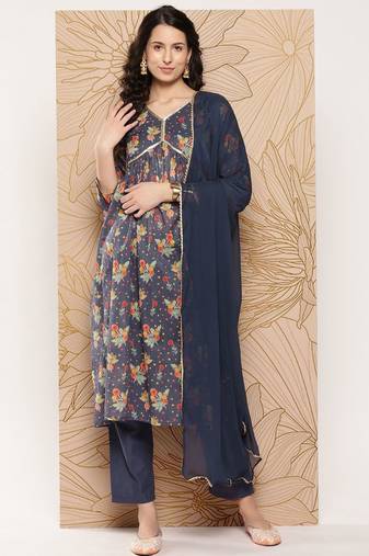 Women Floral Printed Sequinned Pure Cotton Kurta with Trousers & With Dupatta