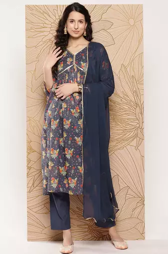 Women Floral Printed Sequinned Pure Cotton Kurta with Trousers & With Dupatta