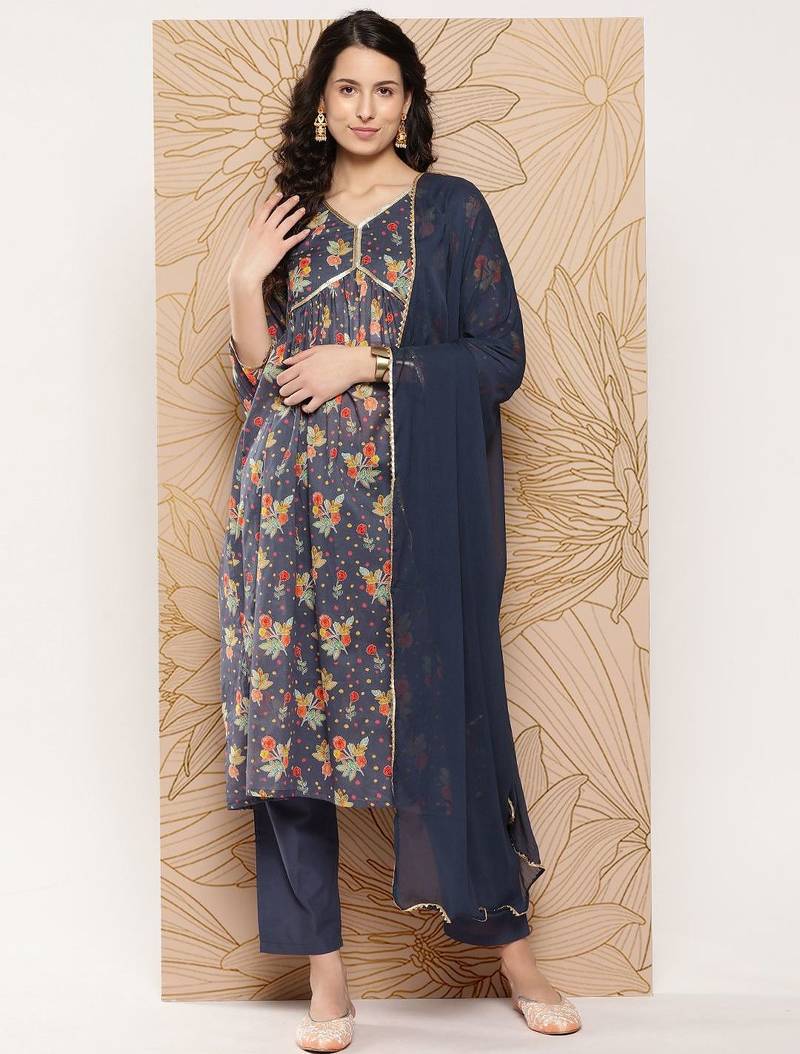 Women Floral Printed Sequinned Pure Cotton Kurta with Trousers & With Dupatta
