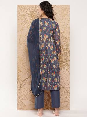 Women Floral Printed Sequinned Pure Cotton Kurta with Trousers & With Dupatta 4