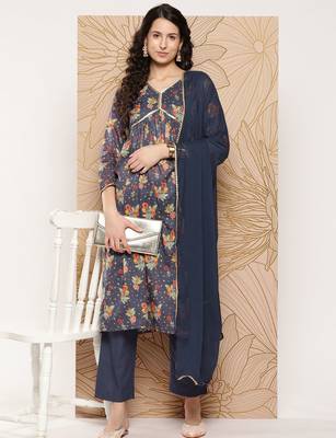 Women Floral Printed Sequinned Pure Cotton Kurta with Trousers & With Dupatta 5
