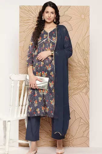 Women Floral Printed Sequinned Pure Cotton Kurta with Trousers & With Dupatta