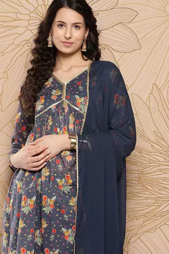 Women Floral Printed Sequinned Pure Cotton Kurta with Trousers & With Dupatta