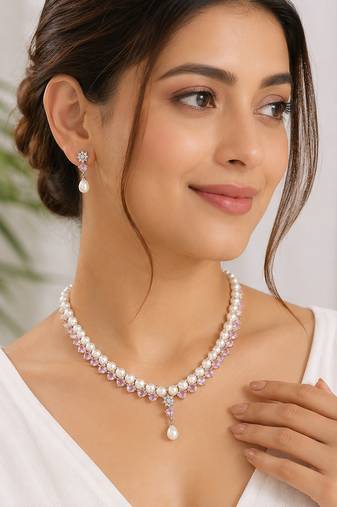 Pearl & pink stone necklace & earrings jewellery set drop pearl pendant, cz accents, bridal wear, matching earrings