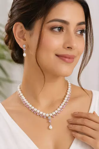 Pearl & pink stone necklace & earrings jewellery set drop pearl pendant, cz accents, bridal wear, matching earrings