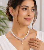 Pearl & pink stone necklace & earrings jewellery set drop pearl pendant, cz accents, bridal wear, matching earrings