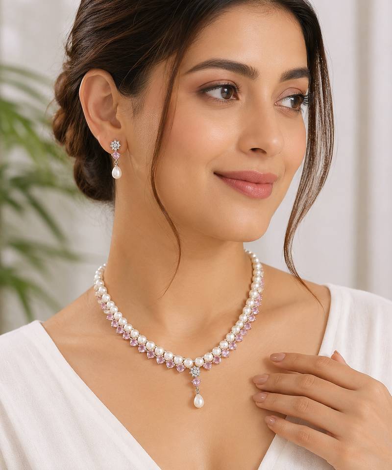 Pearl & pink stone necklace & earrings jewellery set drop pearl pendant, cz accents, bridal wear, matching earrings