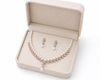 Pearl & pink stone necklace & earrings jewellery set drop pearl pendant, cz accents, bridal wear, matching earrings 2