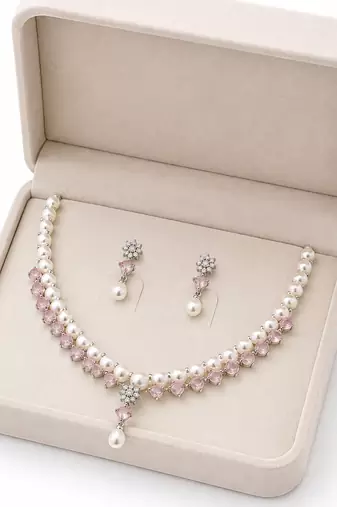 Pearl & pink stone necklace & earrings jewellery set drop pearl pendant, cz accents, bridal wear, matching earrings