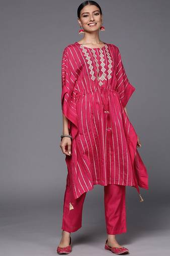Striped Thread Work Chanderi Silk Kaftan Kurta with Trousers