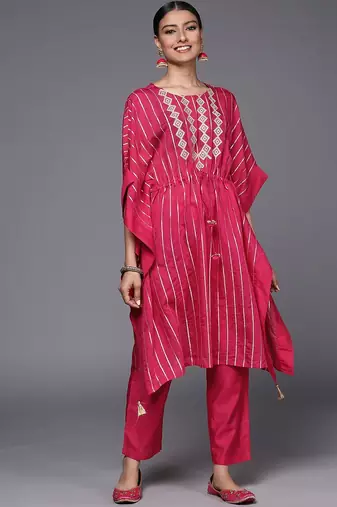 Striped Thread Work Chanderi Silk Kaftan Kurta with Trousers