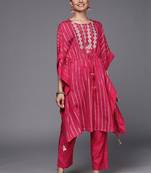 Striped Thread Work Chanderi Silk Kaftan Kurta with Trousers