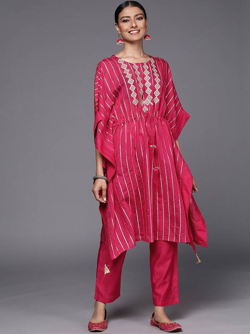Striped Thread Work Chanderi Silk Kaftan Kurta with Trousers